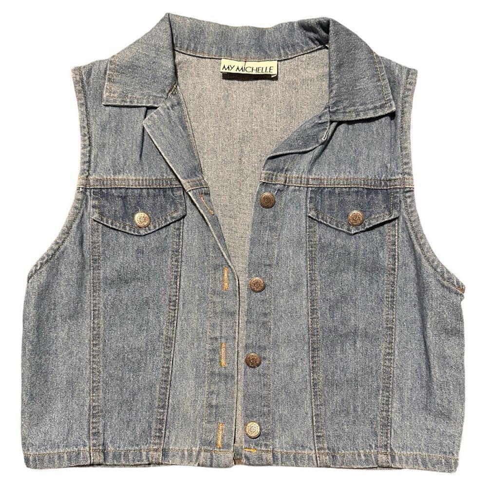 My Michelle vintage denim vest 2 front pockets and engraved flower butto…